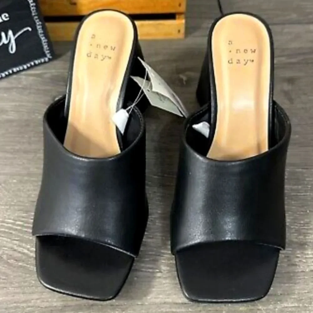Women's black Memory Foam Open Toe 4inch block heels